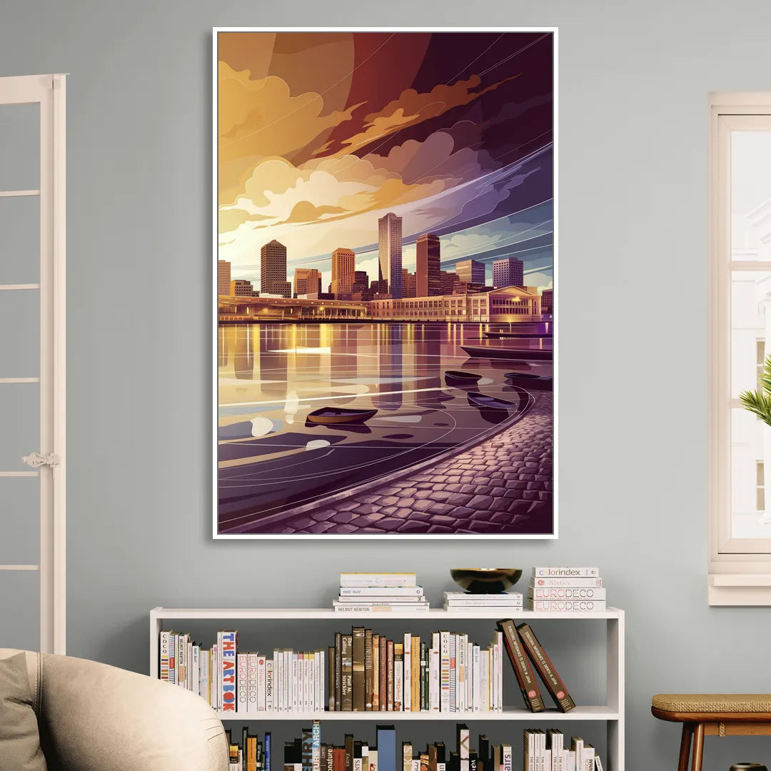Boston Skyline at Sunset Sitting Room - White Canvas Wall Art
