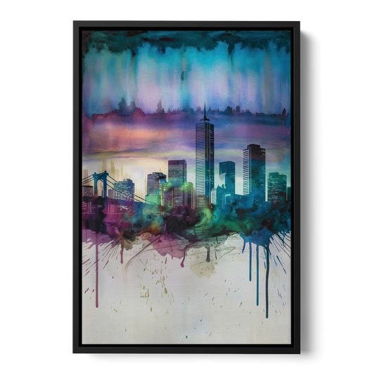 Boston Skyline in Watercolor - Black Framed Canvas Wall Art - Front