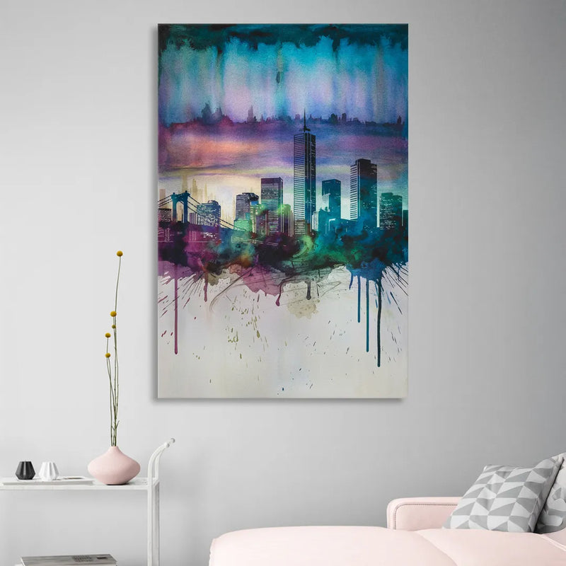 Boston Skyline in Watercolor Sitting Room - Canvas Wall Art