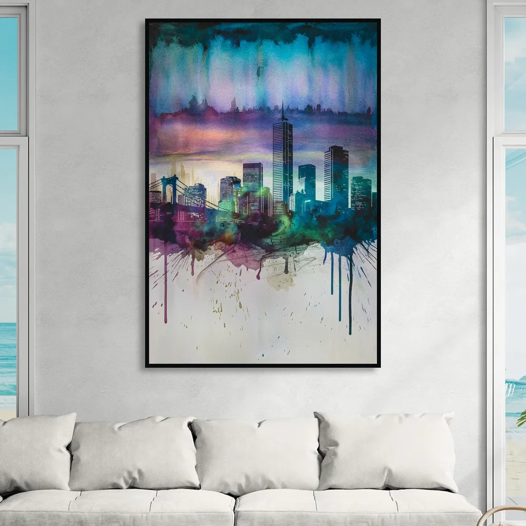Boston Skyline in Watercolor Sitting Room - Black Canvas Wall Art