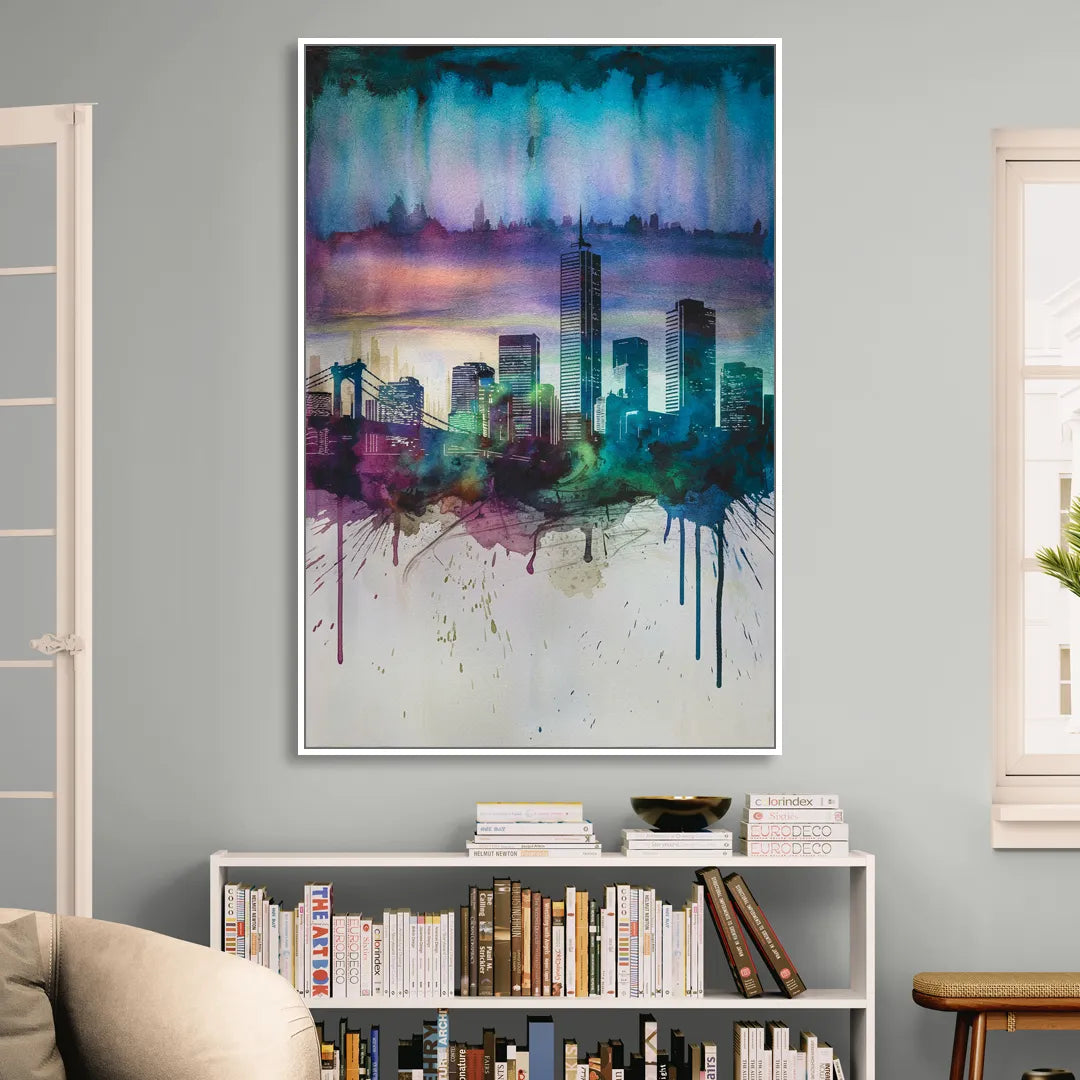 Boston Skyline in Watercolor Living Room - White Canvas Wall Art