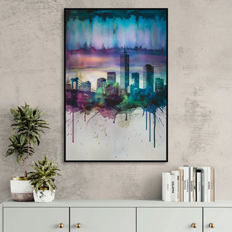 Boston Skyline in Watercolor Living Room - Black Canvas Wall Art