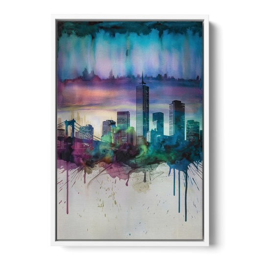 Boston Skyline in Watercolor - White Framed Canvas Wall Art - Front