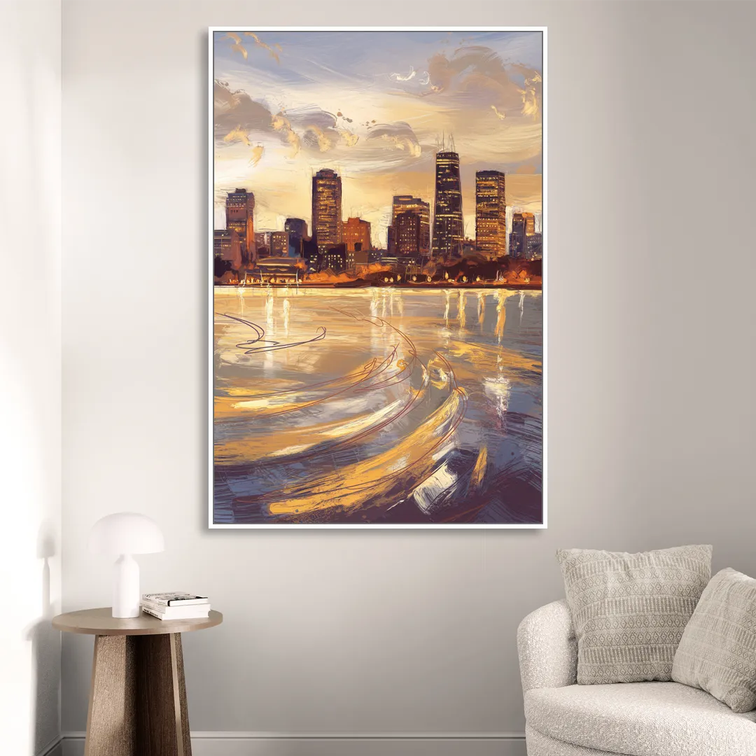 Boston Skyline with Charles River Sitting Room - White Canvas Wall Art