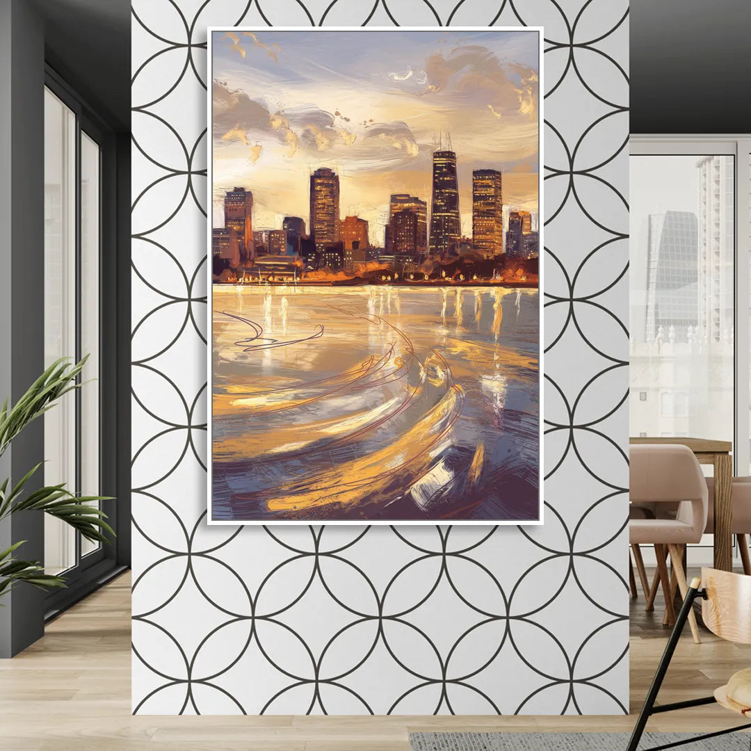 Boston Skyline with Charles River Living Room - White Canvas Wall Art