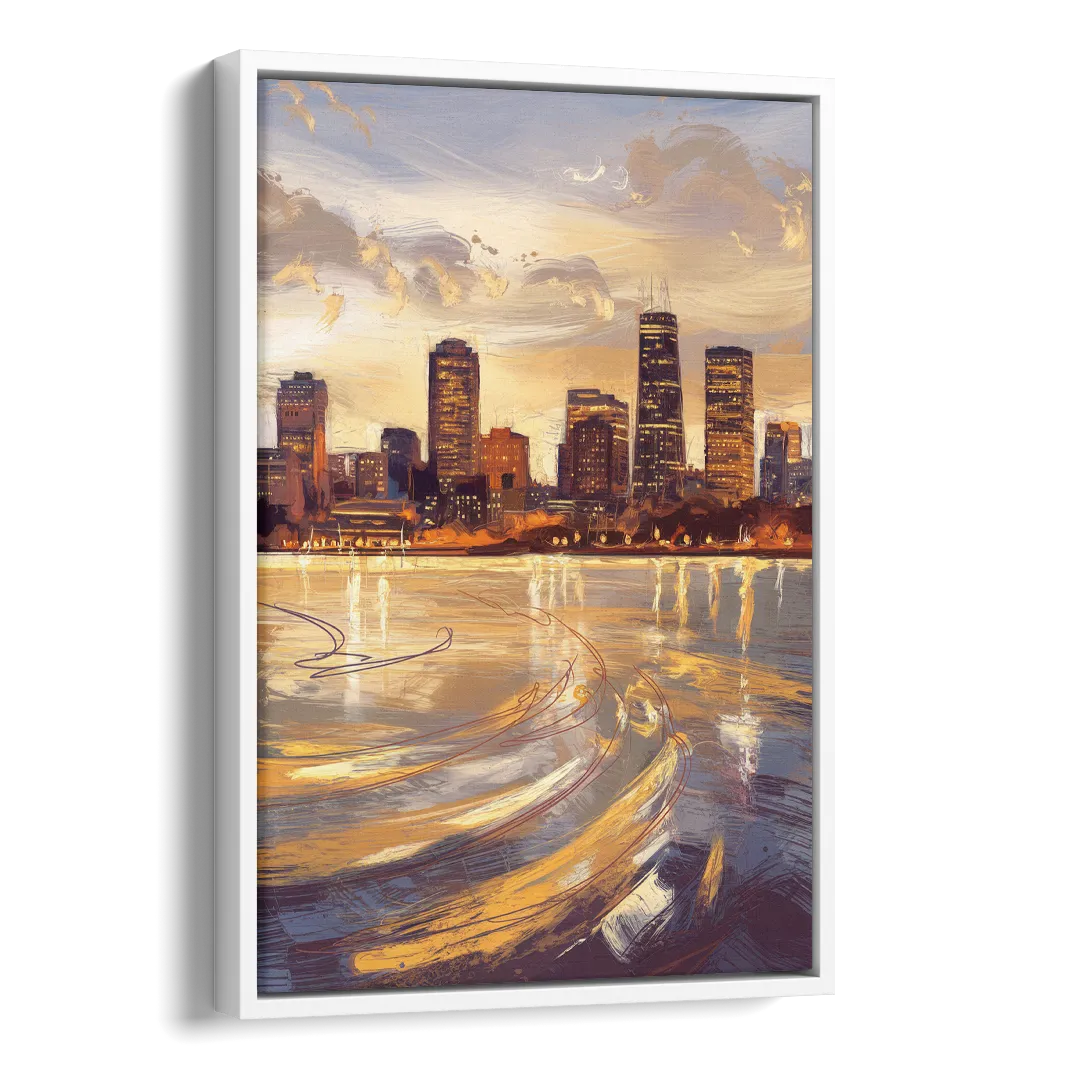 Boston Skyline with Charles River Side - White Canvas Wall Art