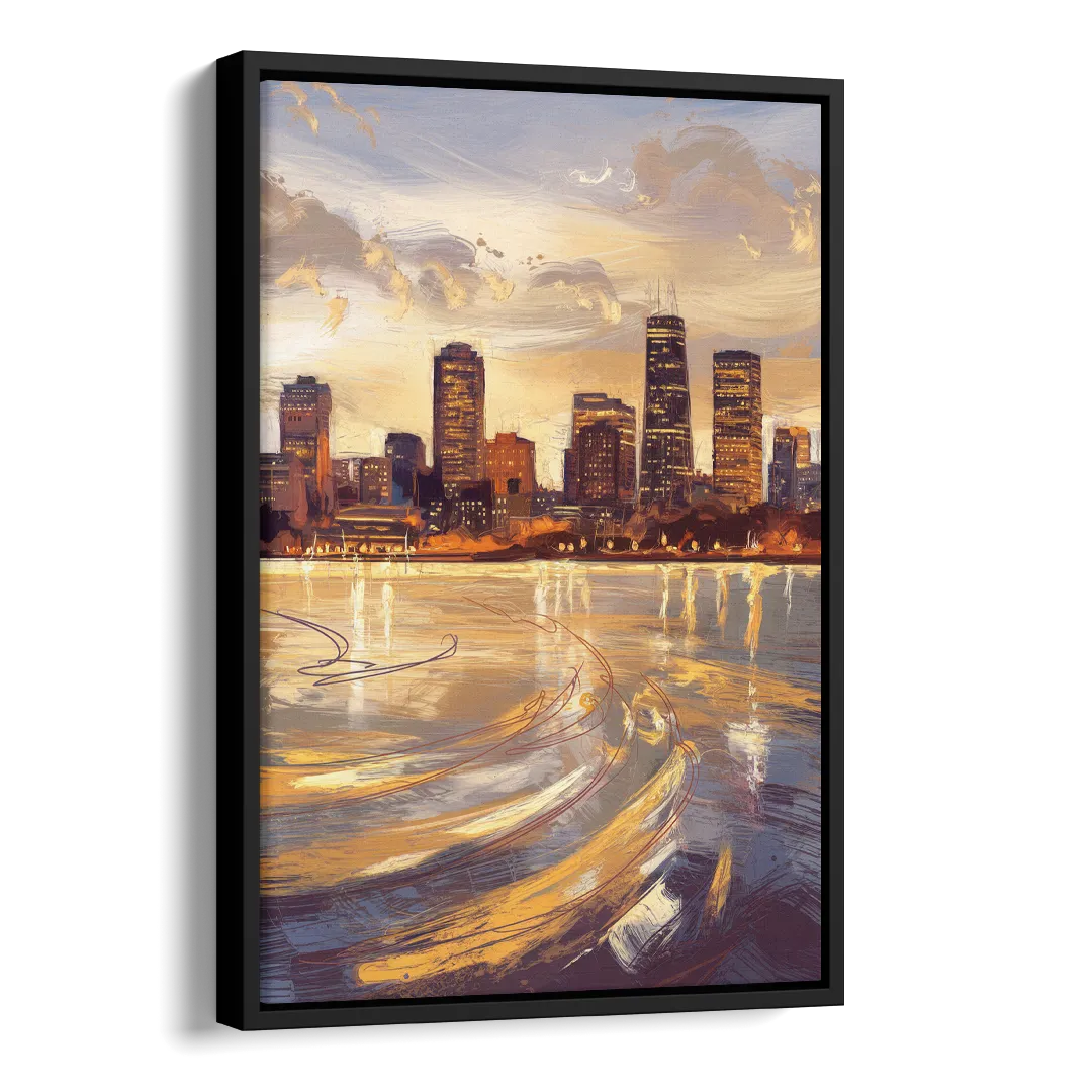 Boston Skyline with Charles River Side - Black Canvas Wall Art