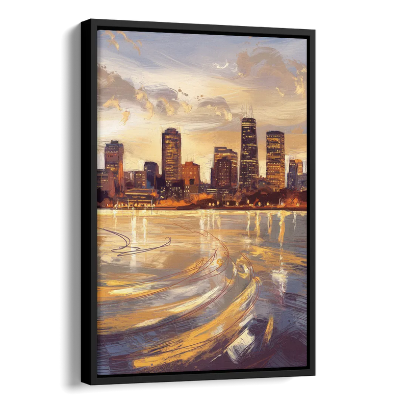Boston Skyline with Charles River Side - Black Canvas Wall Art