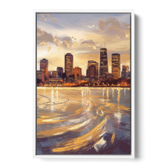Boston Skyline with Charles River - White Framed Canvas Wall Art - Front