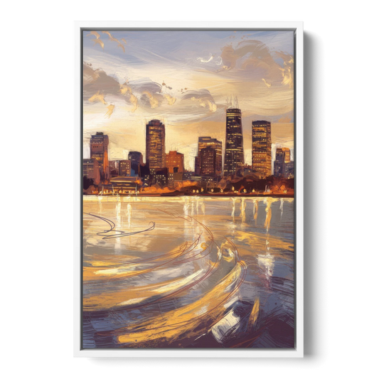 Boston Skyline with Charles River - White Framed Canvas Wall Art - Front