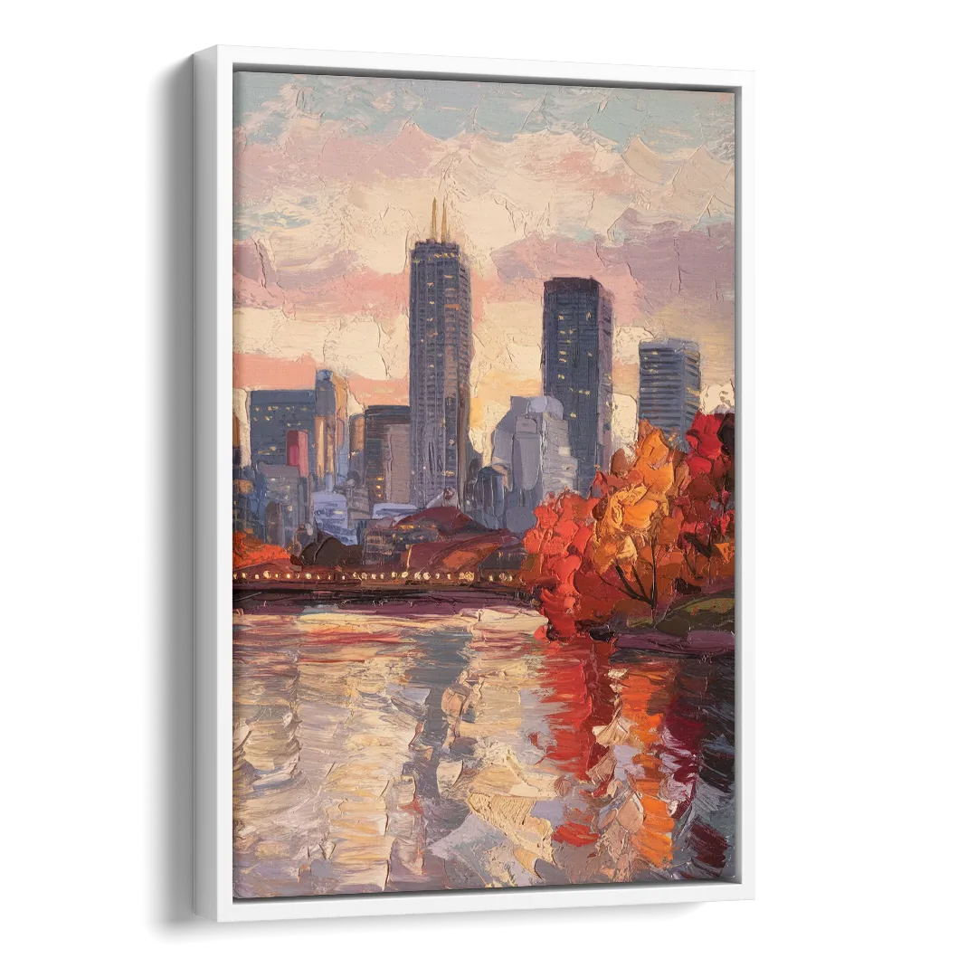 Boston Skyline with Fall Colors Side - White Canvas Wall Art