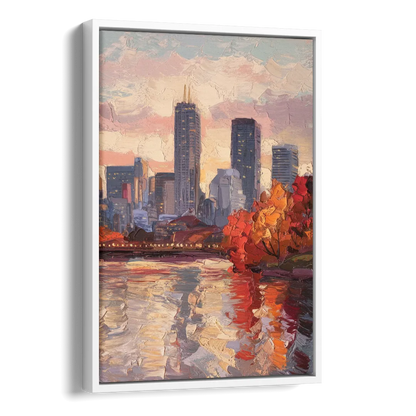 Boston Skyline with Fall Colors Side - White Canvas Wall Art