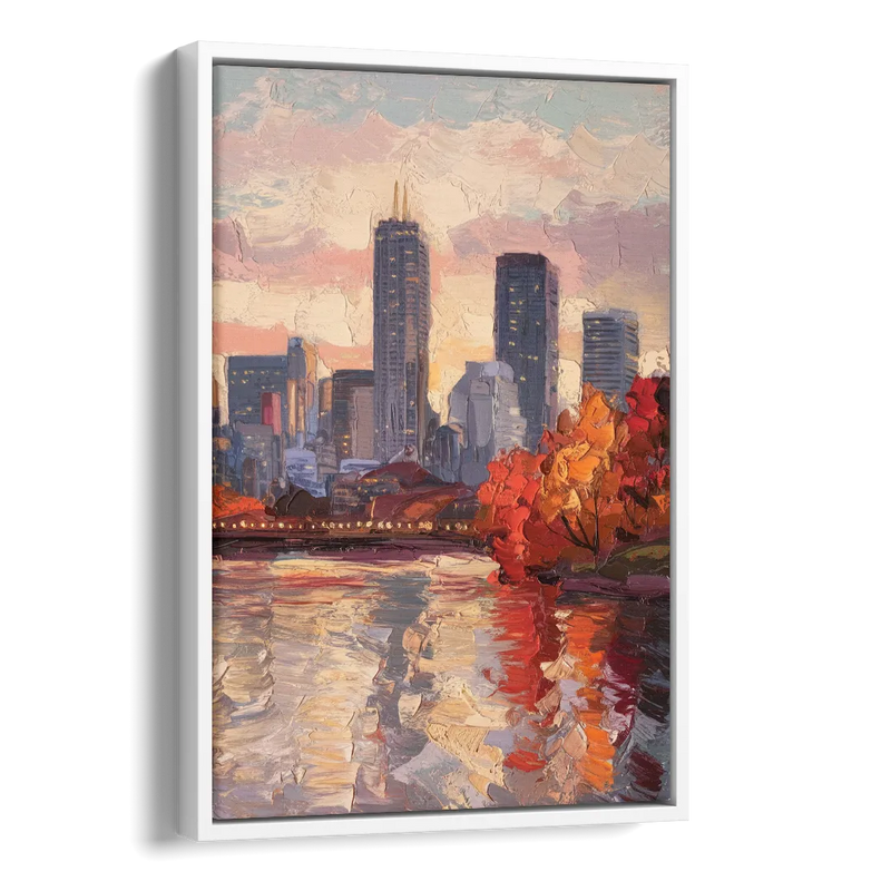 Boston Skyline with Fall Colors Side - White Canvas Wall Art
