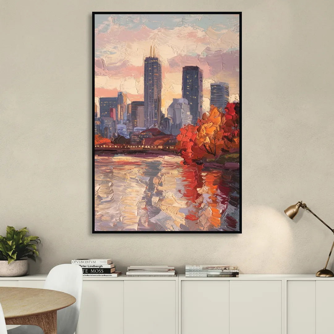 Boston Skyline with Fall Colors Living Room - Black Canvas Wall Art