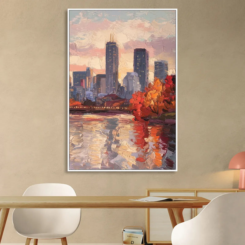 Boston Skyline with Fall Colors Sitting Room - White Canvas Wall Art