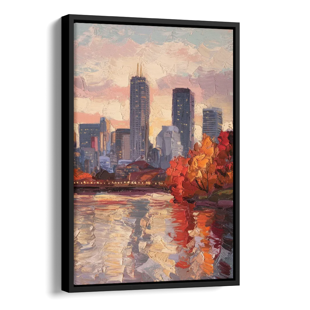 Boston Skyline with Fall Colors Side - Black Canvas Wall Art
