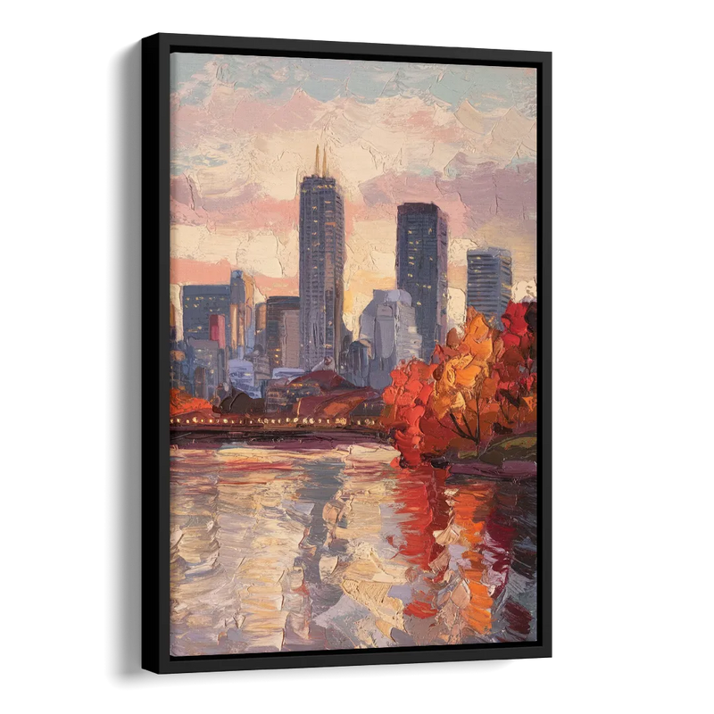 Boston Skyline with Fall Colors Side - Black Canvas Wall Art