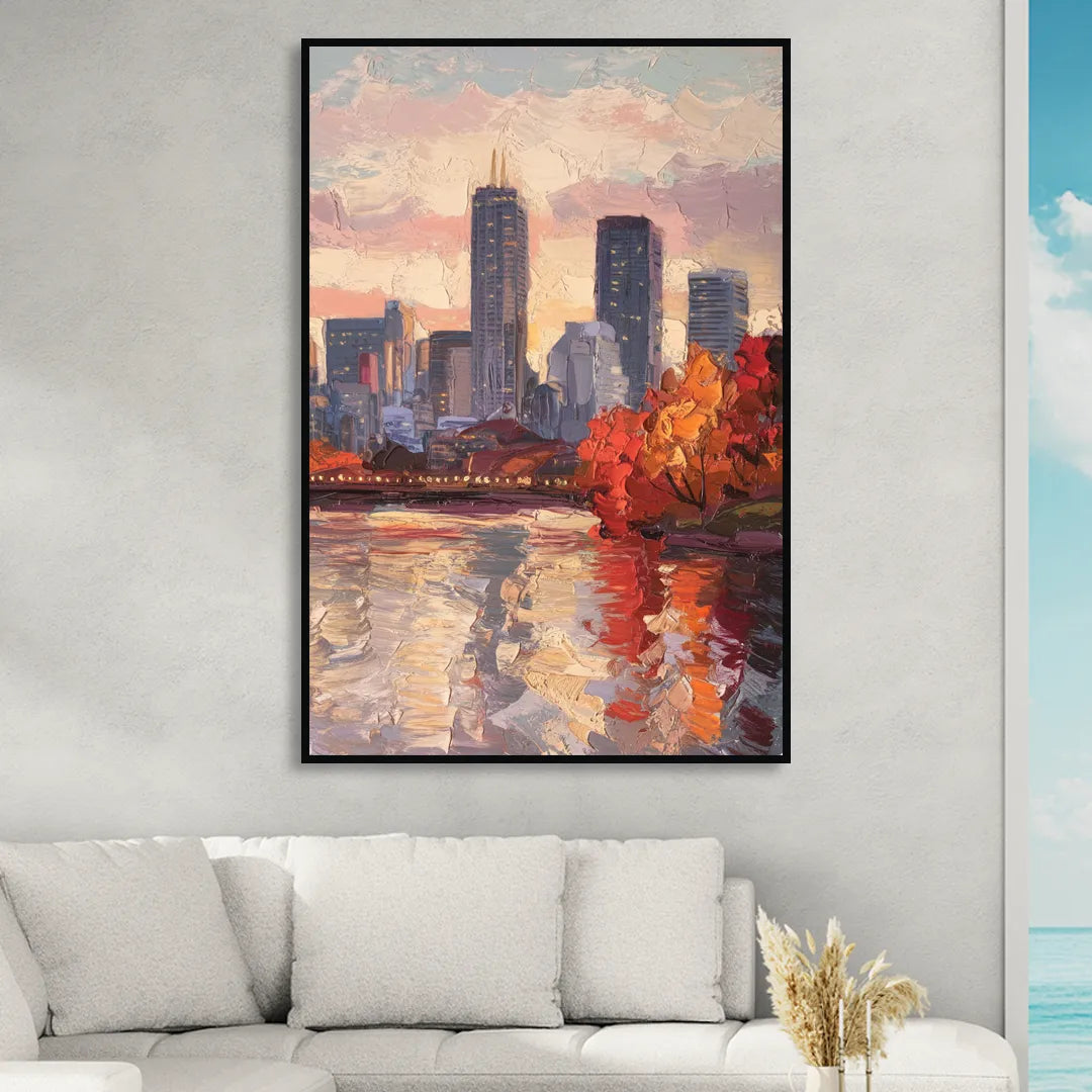 Boston Skyline with Fall Colors Sitting Room - Black Canvas Wall Art