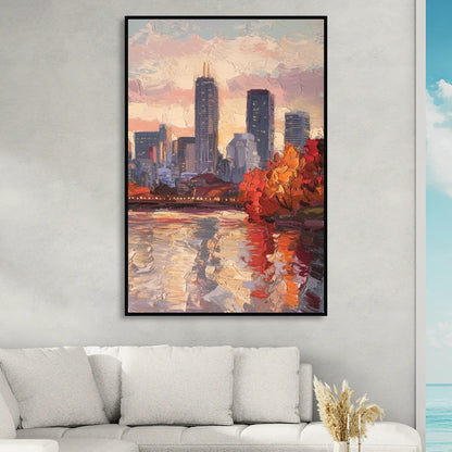 Boston Skyline with Fall Colors Sitting Room - Black Canvas Wall Art