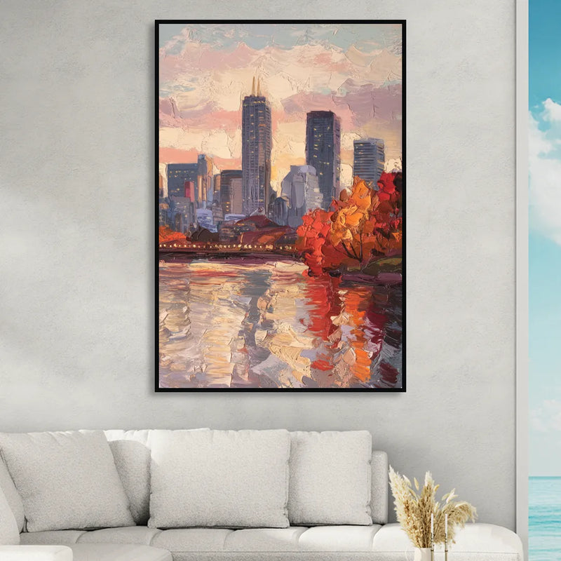 Boston Skyline with Fall Colors Sitting Room - Black Canvas Wall Art