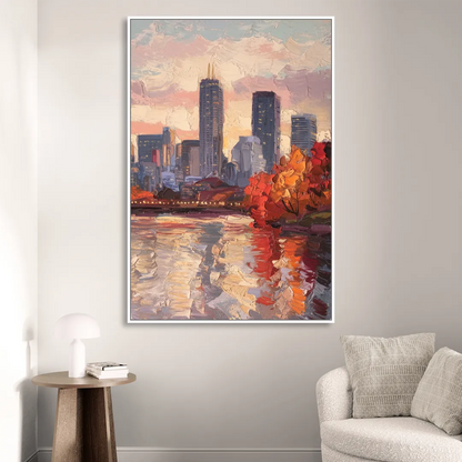 Boston Skyline with Fall Colors Living Room - White Canvas Wall Art