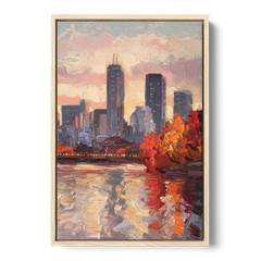 Boston Skyline with Fall Colors - Oak Framed Canvas Wall Art - Front