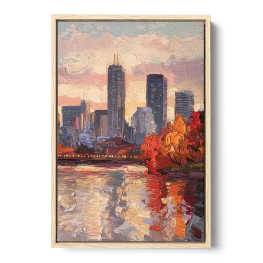Boston Skyline with Fall Colors - Oak Framed Canvas Wall Art - Front