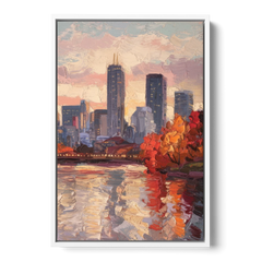 Boston Skyline with Fall Colors - White Framed Canvas Wall Art - Front