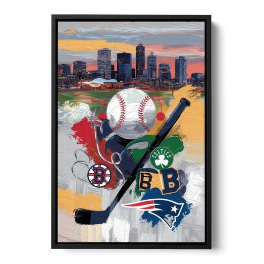 Boston Sports Teams Tribute - Black Framed Canvas Wall Art - Front