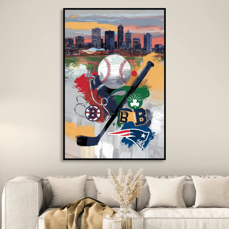 Boston Sports Teams Tribute Living Room - Black Canvas Wall Art