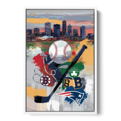 Boston Sports Teams Tribute - White Framed Canvas Wall Art - Front