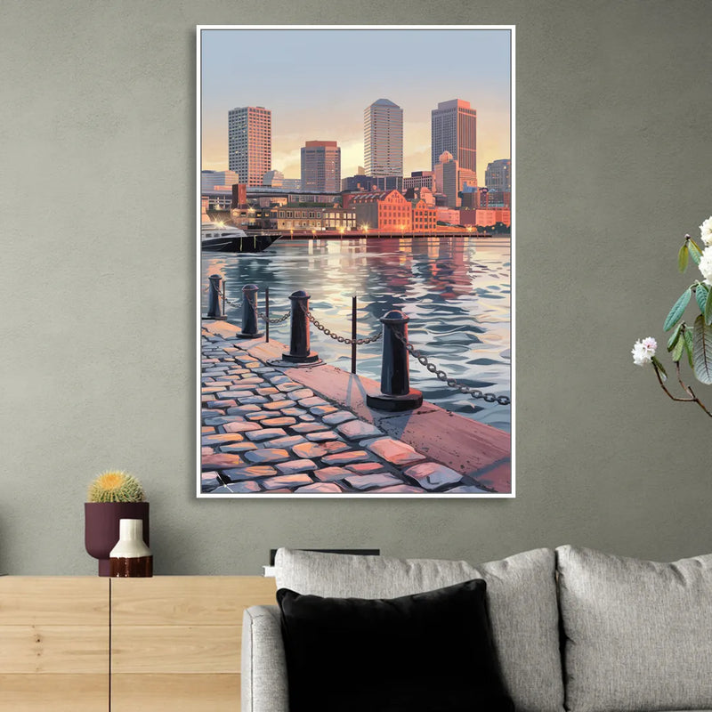 Boston Waterfront Serenity Living Room - White Canvas Wall Art