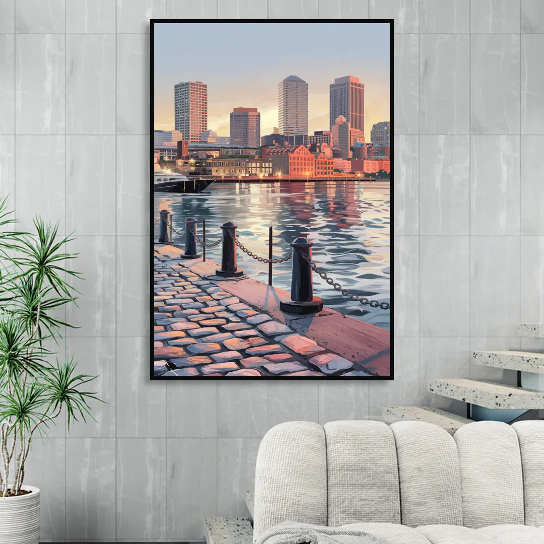 Boston Waterfront Serenity Sitting Room - Black Canvas Wall Art