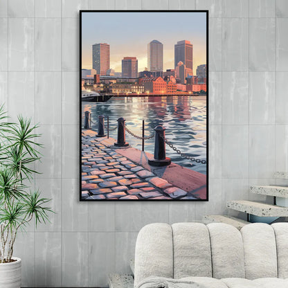 Boston Waterfront Serenity Sitting Room - Black Canvas Wall Art