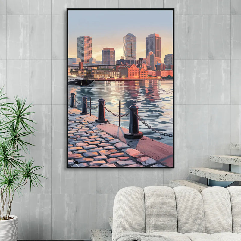 Boston Waterfront Serenity Sitting Room - Black Canvas Wall Art
