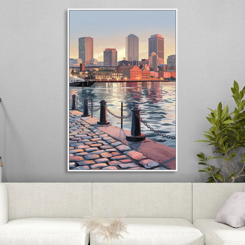 Boston Waterfront Serenity Sitting Room - White Canvas Wall Art