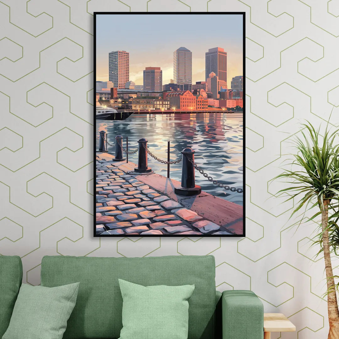 Boston Waterfront Serenity Living Room - Black Canvas Wall Art