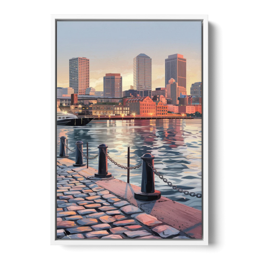 Boston Waterfront Serenity - White Framed Canvas Wall Art - Front