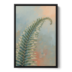 Botanical Arching Fern Frond in Early Light - Black Framed Canvas Wall Art - Front