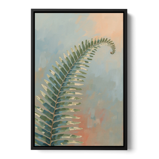 Botanical Arching Fern Frond in Early Light - Black Framed Canvas Wall Art - Front
