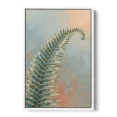 Botanical Arching Fern Frond in Early Light - White Framed Canvas Wall Art - Front
