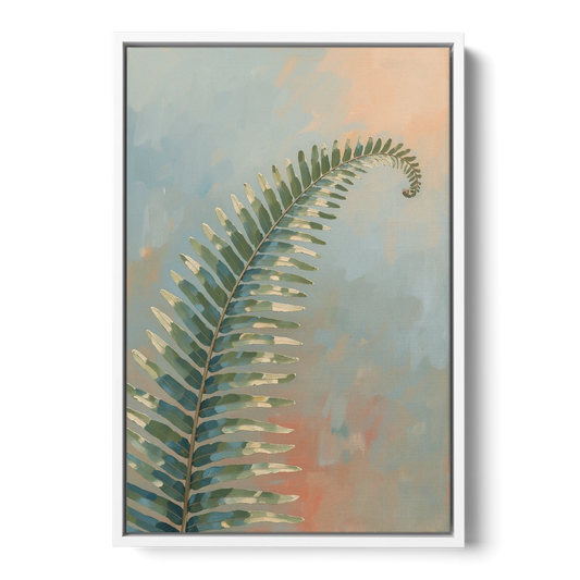 Botanical Arching Fern Frond in Early Light - White Framed Canvas Wall Art - Front