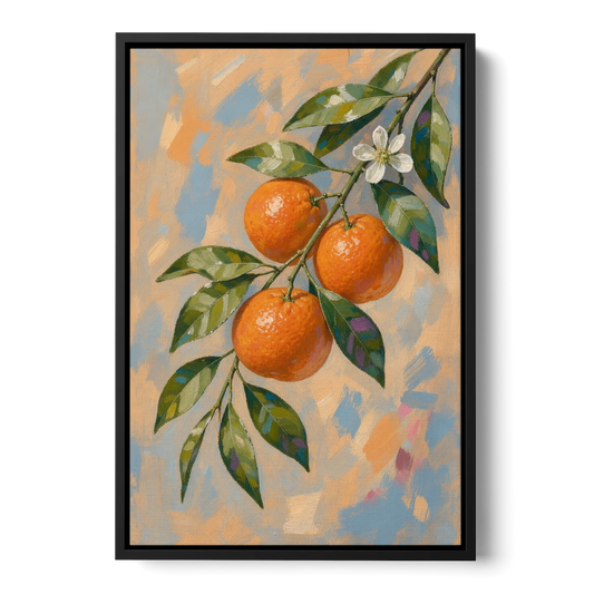 Botanical Art Prints Clementine Branch in Bloom - Black Framed Canvas Wall Art - Front