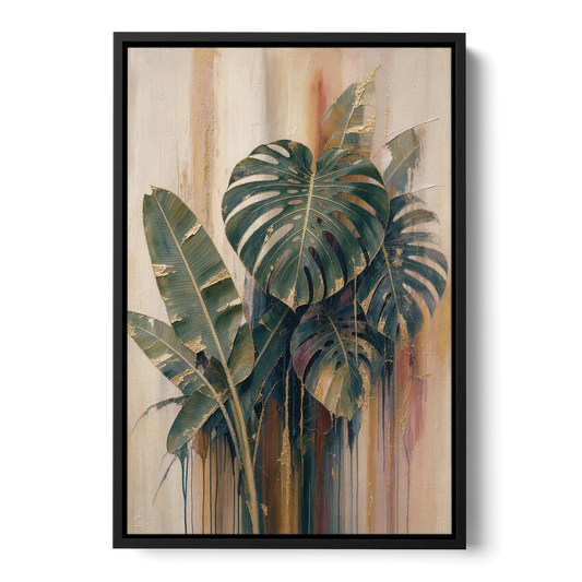 Botanical Gilded Monstera and Banana Leaves for the Bathroom - Black Framed Canvas Wall Art - Front