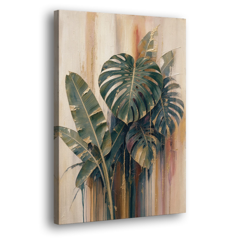 Botanical Gilded Monstera and Banana Leaves for the Bathroom - Canvas Wall Art - Side