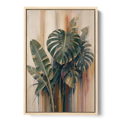 Botanical Gilded Monstera and Banana Leaves for the Bathroom - Oak Framed Canvas Wall Art - Front