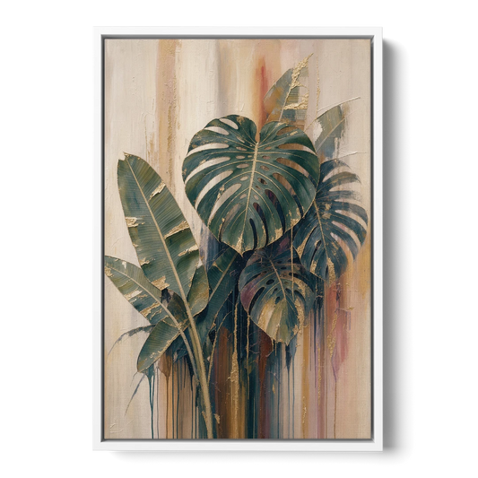 Botanical Gilded Monstera and Banana Leaves for the Bathroom - White Framed Canvas Wall Art - Front