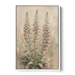 Botanical Wall Decor with Three Foxglove Spires - White Framed Canvas Wall Art - Front