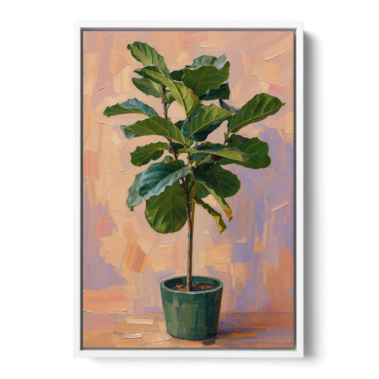 Botanical Young Fiddle-Leaf Fig in Green Pot - White Framed Canvas Wall Art - Front