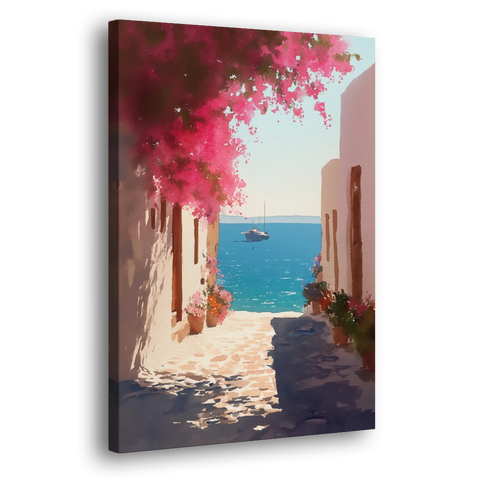 Bougainvillea Painting of a Seaside Lane - Canvas Wall Art - Side